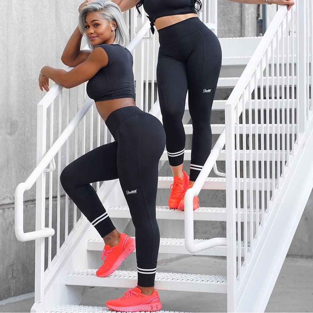 Bombshell Sportswear Black Leggings S with White Striped Sock